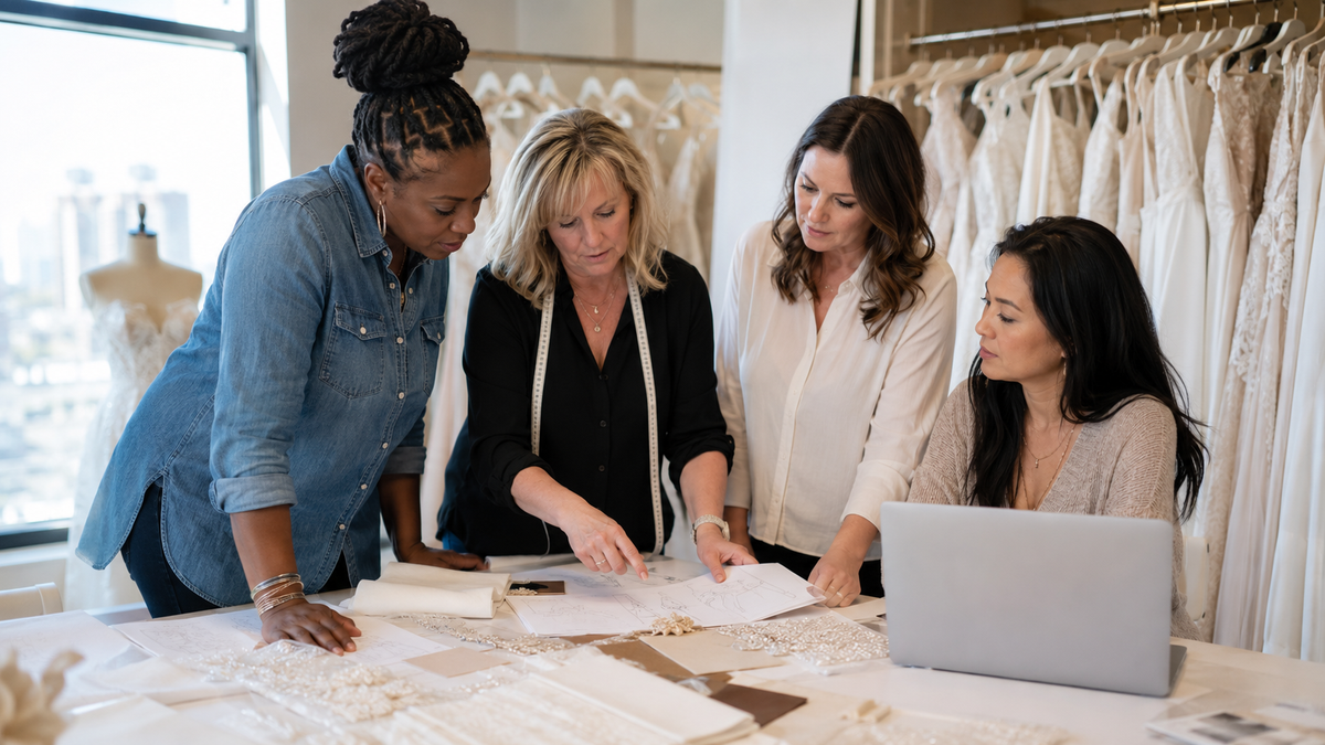 Boutilora bridal and formalwear team discussing product and assortment planning