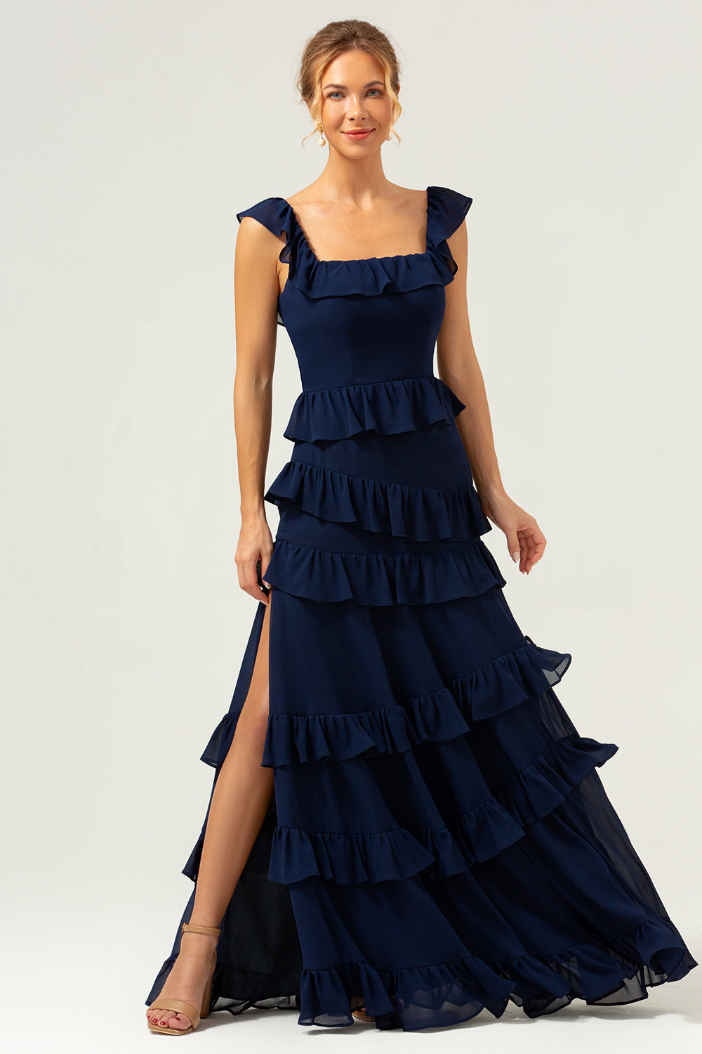 Dark Navy A-Line Tiered Chiffon Long Bridesmaid Dress