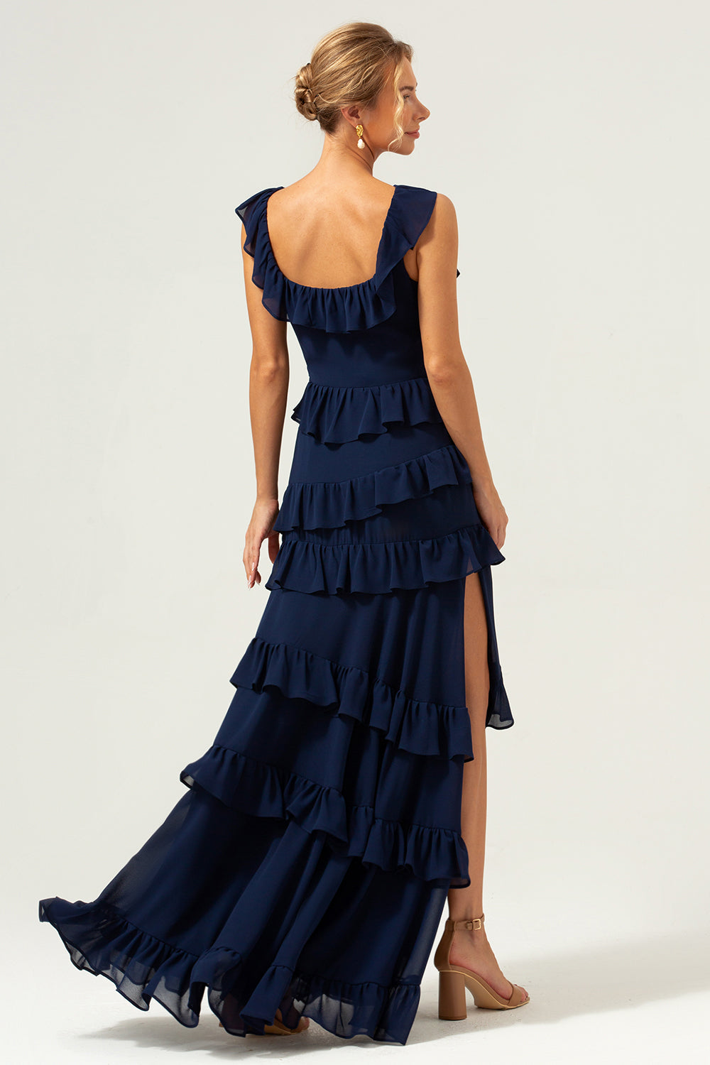 Dark Navy A-Line Tiered Chiffon Long Bridesmaid Dress