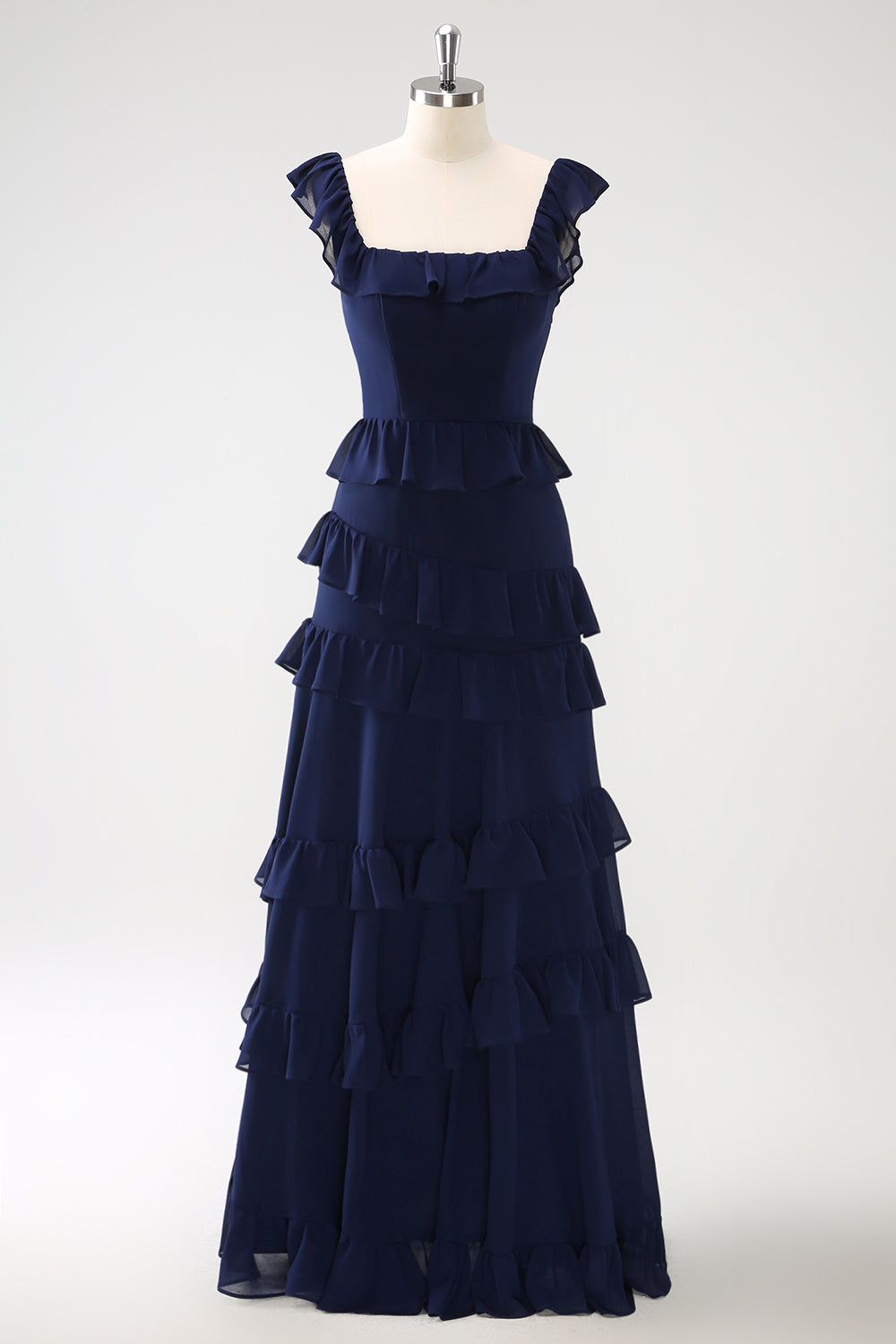 Dark Navy A-Line Tiered Chiffon Long Bridesmaid Dress - Dark Navy