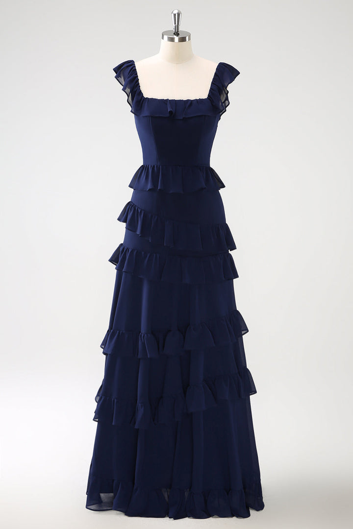 Dark Navy A-Line Tiered Chiffon Long Bridesmaid Dress - Dark Navy