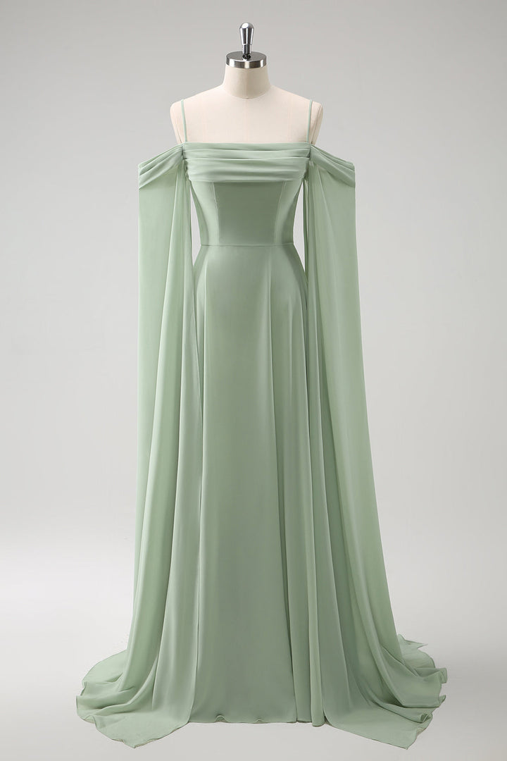 Light Green Cold Shoulder Detachable Sleeves A-Line Chiffon Long Bridesmaid Dress - Light Green