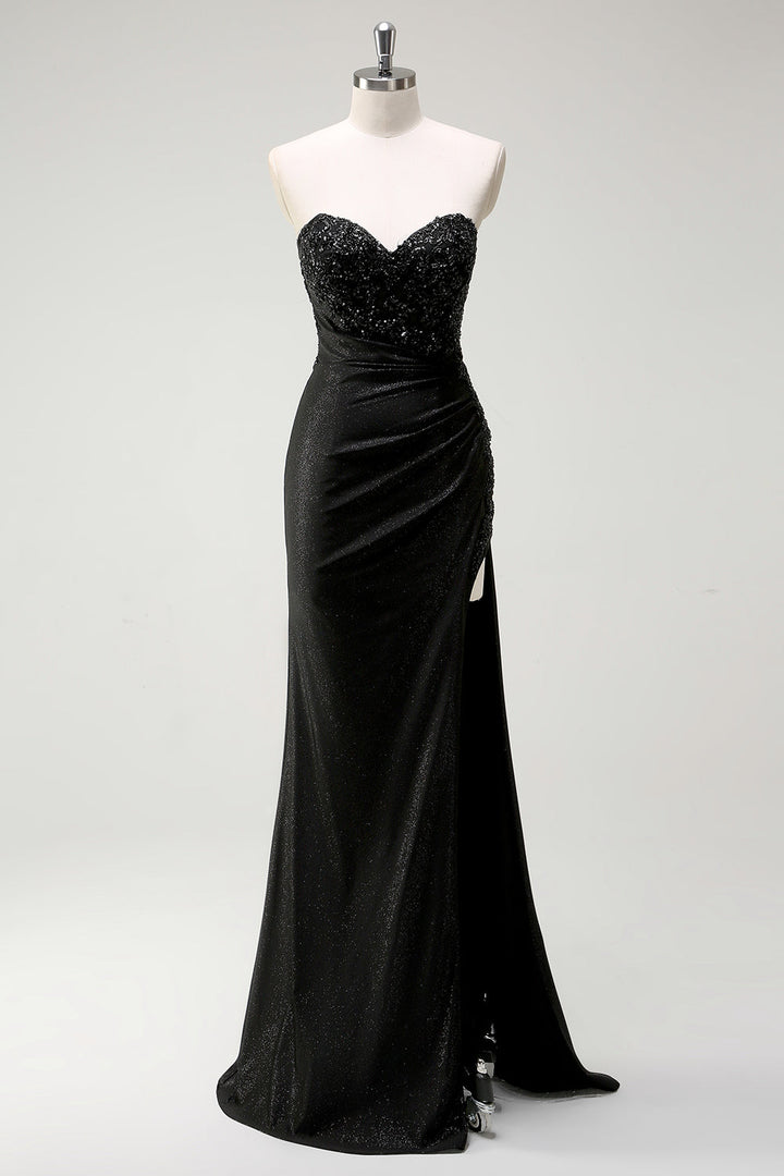 Sparkly Sweetheart Black Long Sequin Formal Dress With Slit - Black