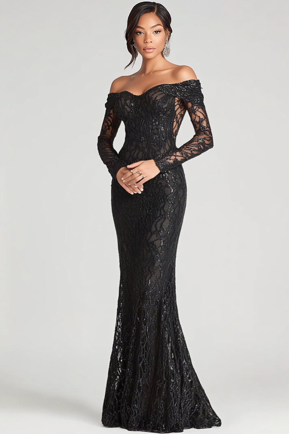 Black Sheath Off The Shoulder Mesh And Lace Formal Dress - Black