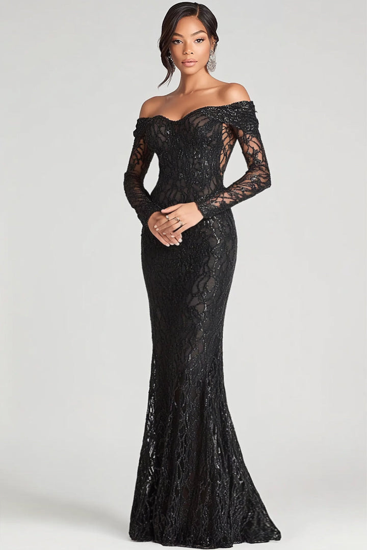 Black Sheath Off The Shoulder Mesh And Lace Formal Dress - Black