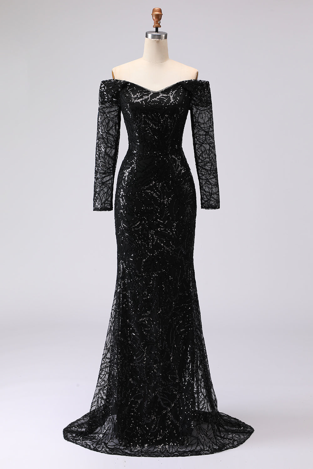 Black Sheath Off The Shoulder Mesh And Lace Formal Dress