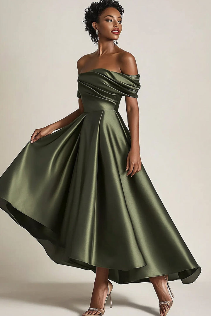 Olive A-Line Off the Shoulder Ruched Satin Ankle Length Mother of the Bride Dress - Olive