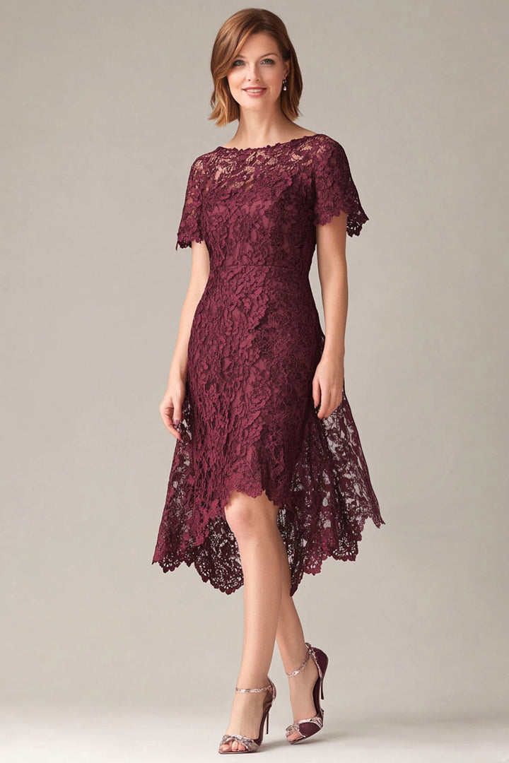 Burgundy Sheath Lace Short Sleeves Hi-Low Mother of the Bride Dress - Burgundy