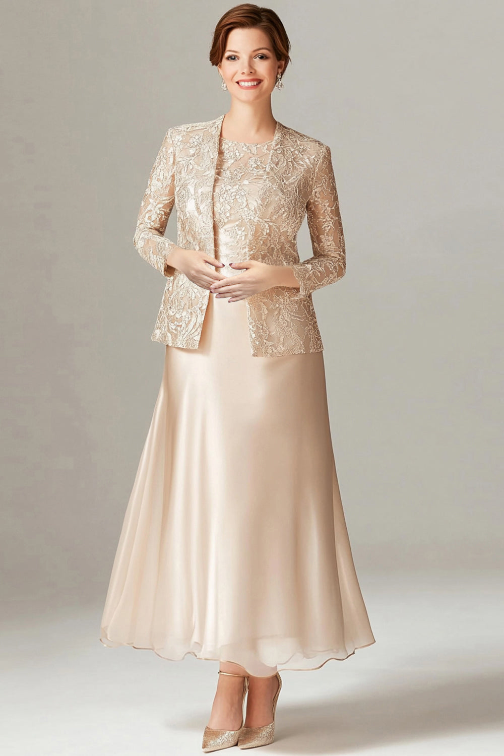 A-Line Champagne Chiffon 2-Piece Mother of the Bride Dress - Champagne