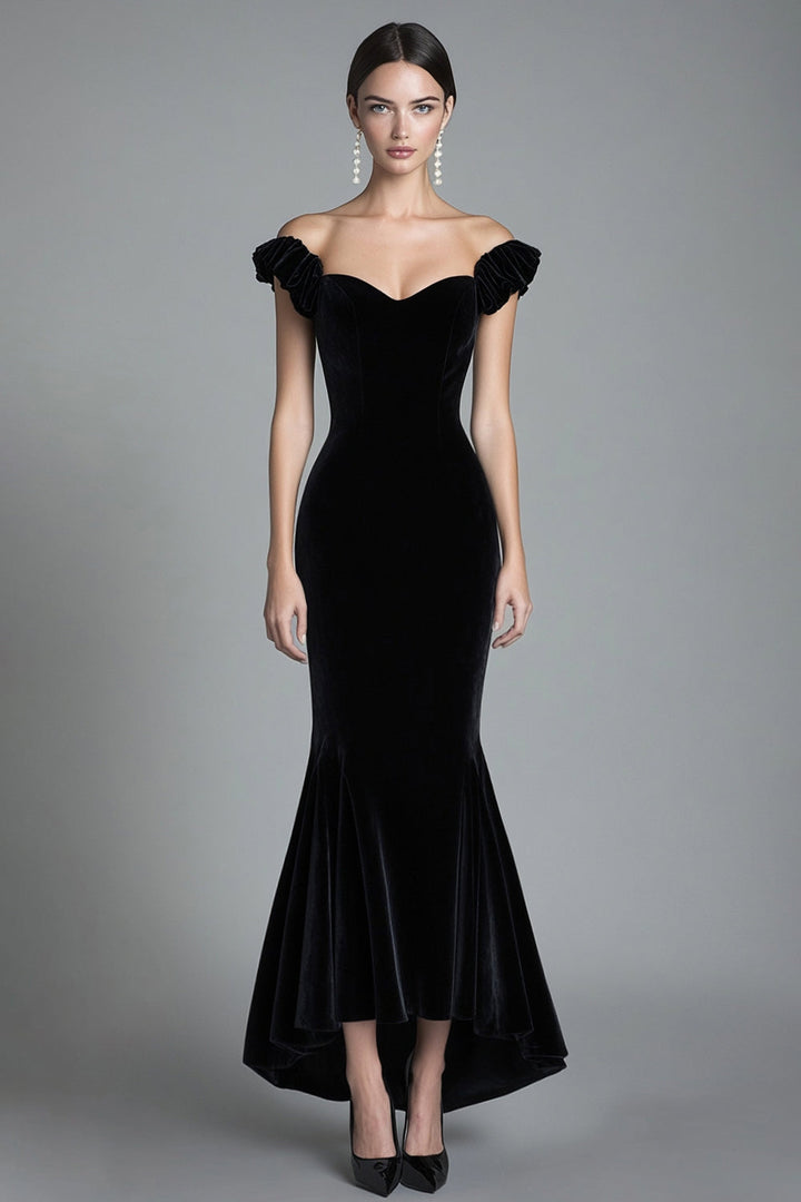Off the Shoulder Mermaid Black Velvet Long Formal Dress - Black