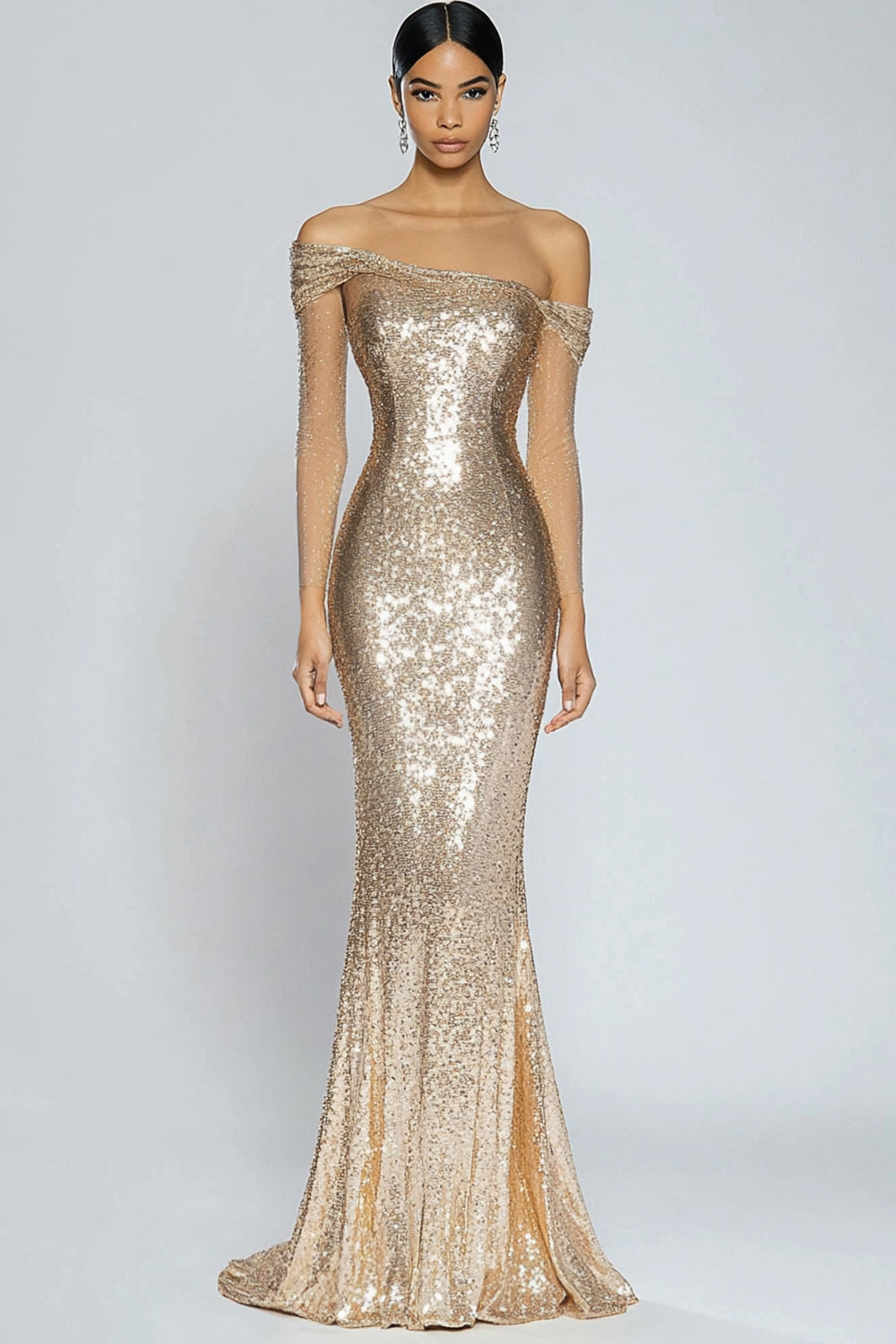 Sparkly Champagne Mermaid Off the Shoulder Sequins Long Formal Dress - Champagne