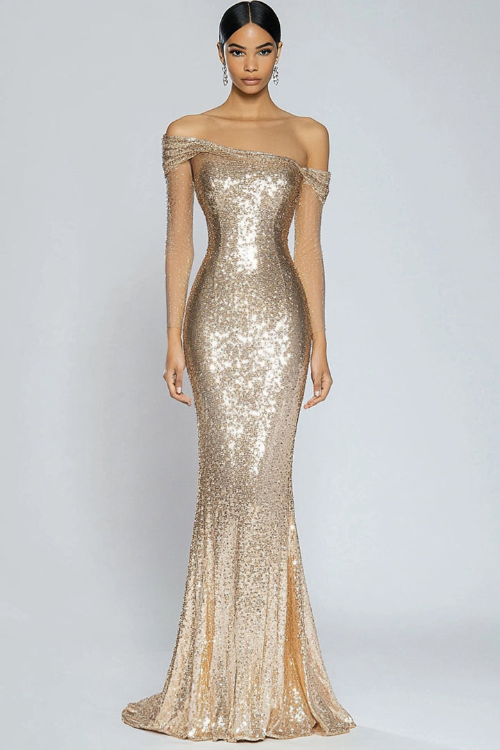 Sparkly Champagne Mermaid Off the Shoulder Sequins Long Formal Dress - Champagne