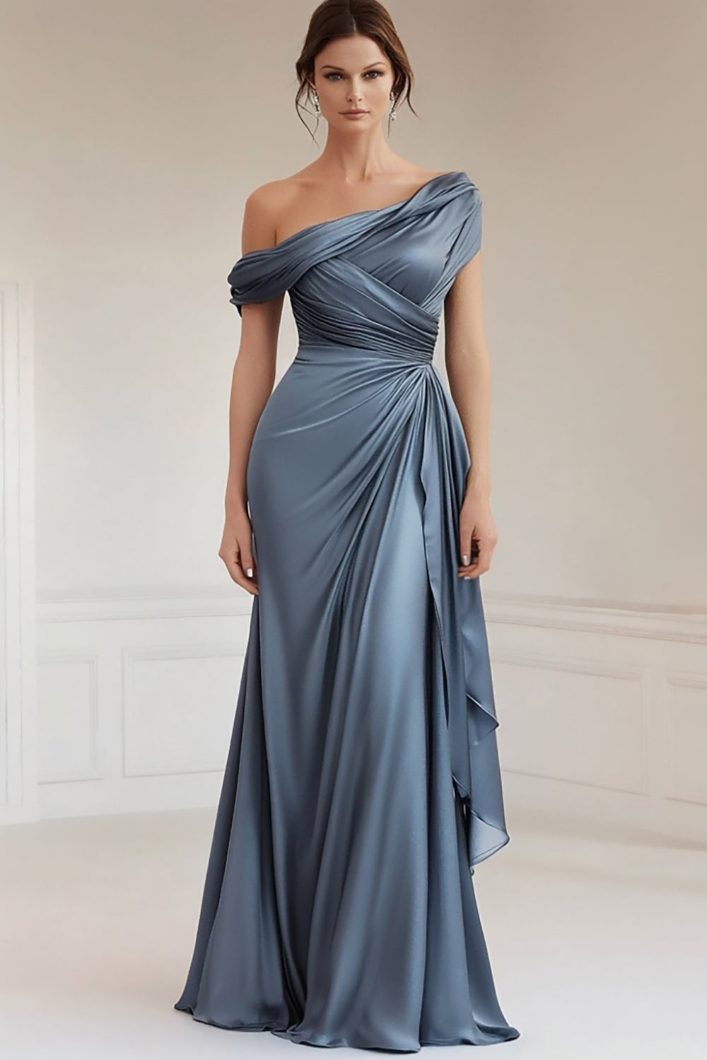 Mermaid Grey Blue One Shoulder Satin Ruched Mother Of Bride Dress with Ruffles - Grey Blue