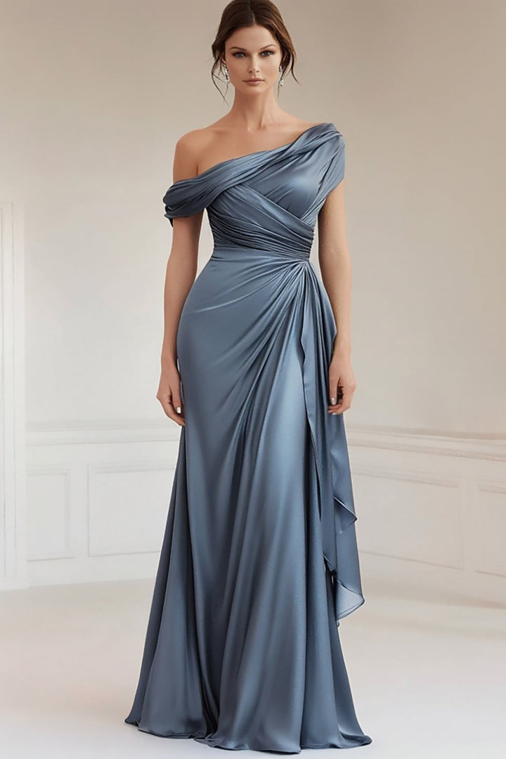 Mermaid Grey Blue One Shoulder Satin Ruched Mother Of Bride Dress with Ruffles - Grey Blue