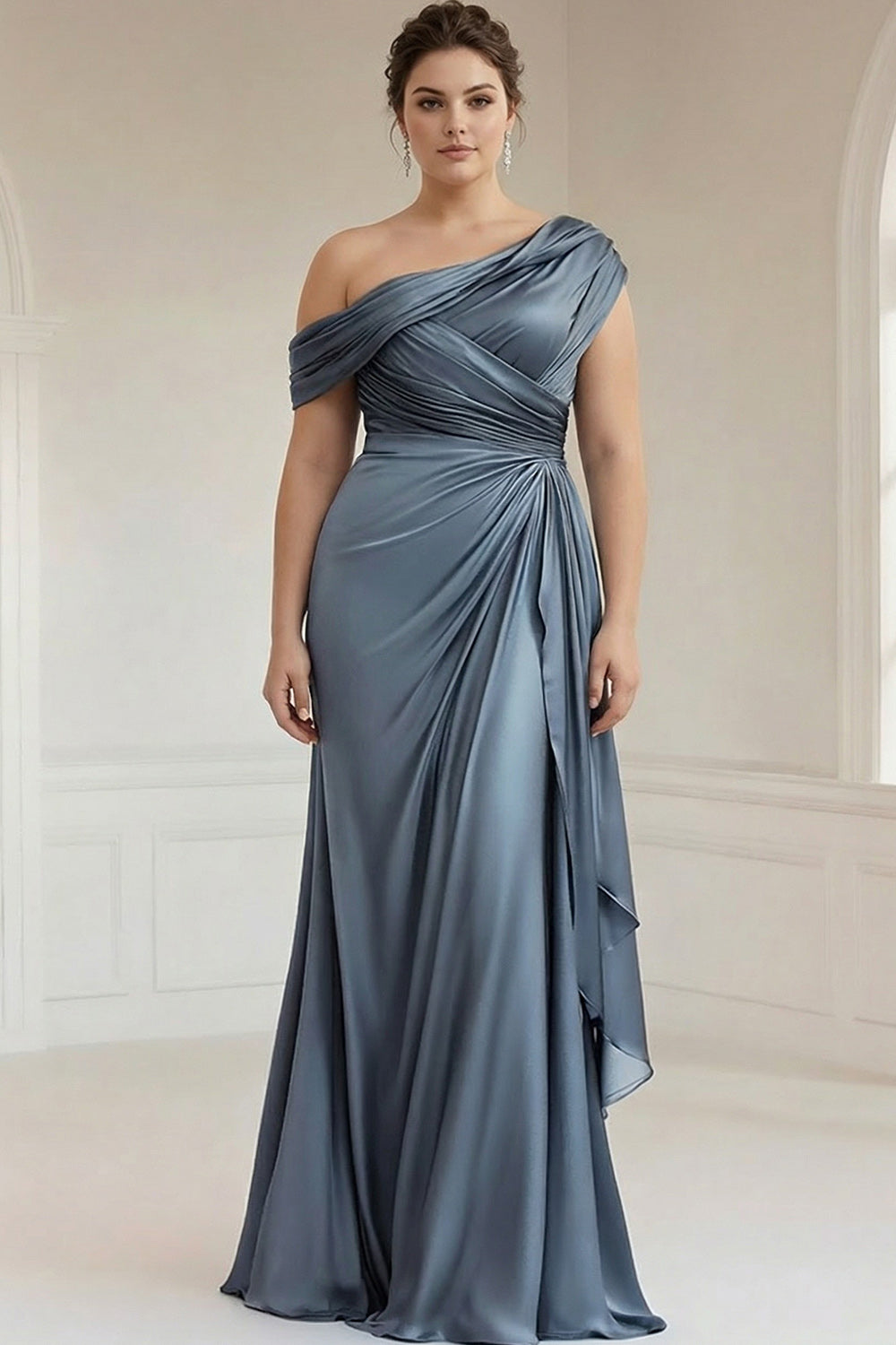 Mermaid Grey Blue One Shoulder Satin Ruched Mother Of Bride Dress with Ruffles
