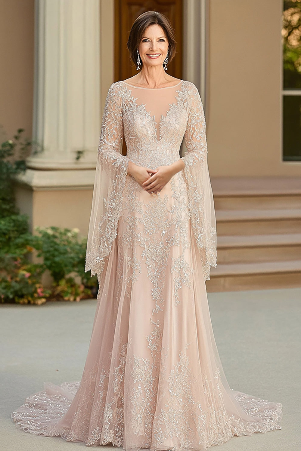 Beige A Line Flutter Sleeves Mother Of Bride Dress With Lace Appliques - Beige
