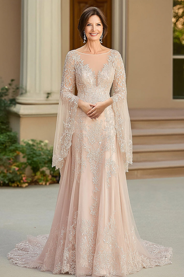 Beige A Line Flutter Sleeves Mother Of Bride Dress With Lace Appliques - Beige