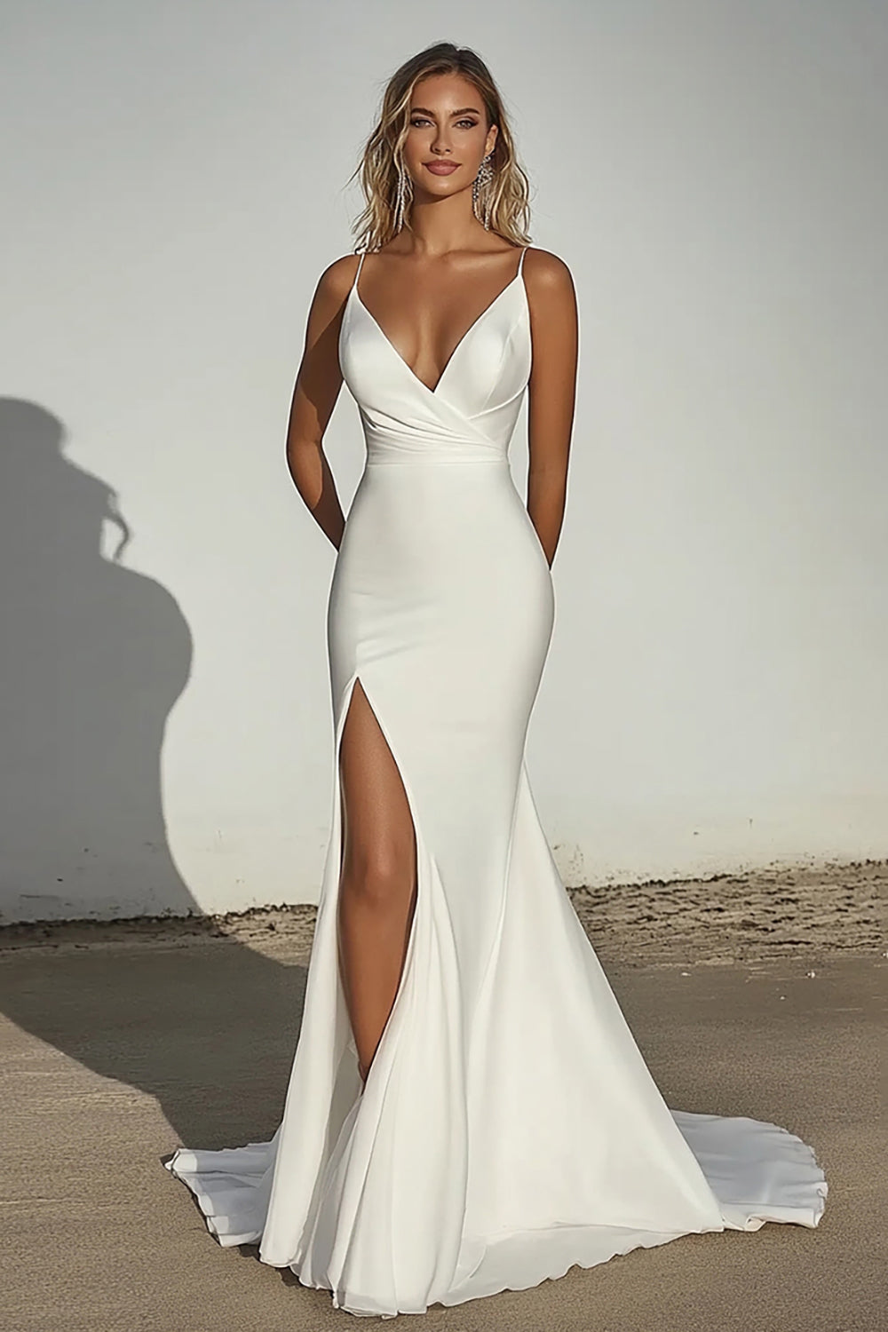 Elegant Ivory Off the Shoulder Satin Mermaid Ruched Long Wedding Dress with Slit - Ivory