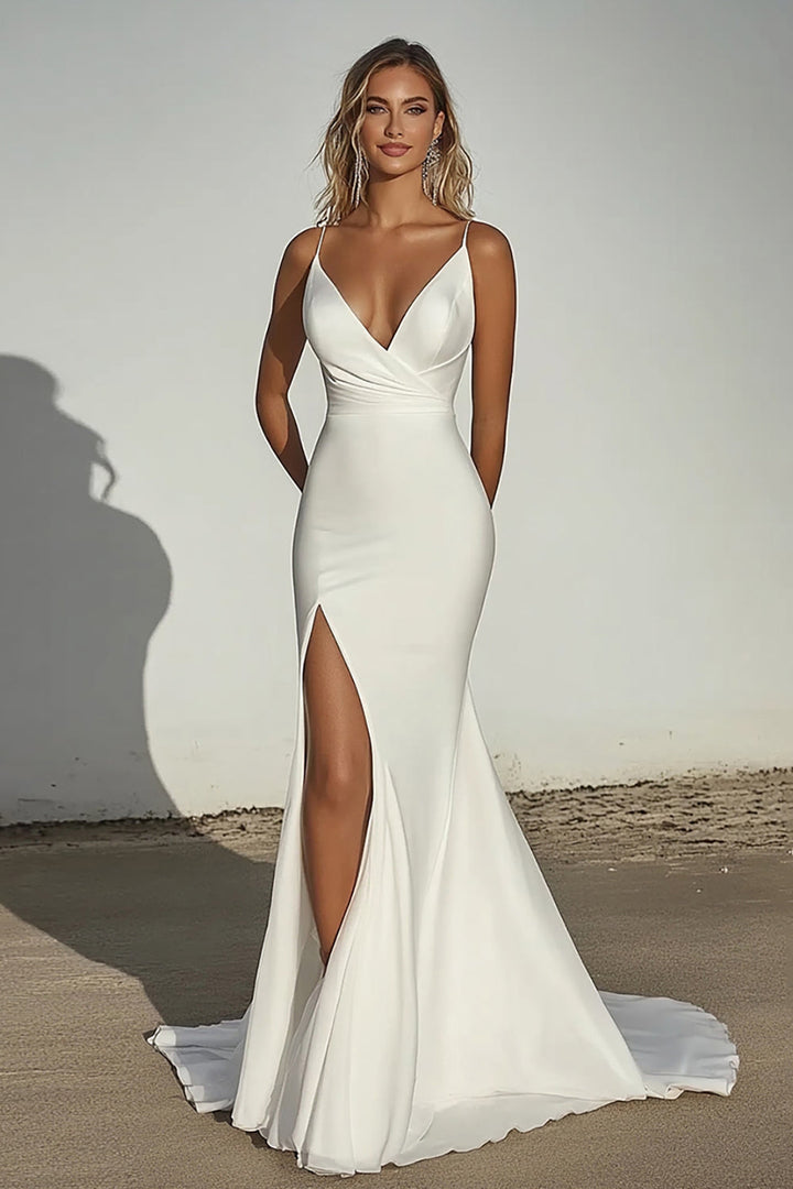 Elegant Ivory Off the Shoulder Satin Mermaid Ruched Long Wedding Dress with Slit - Ivory