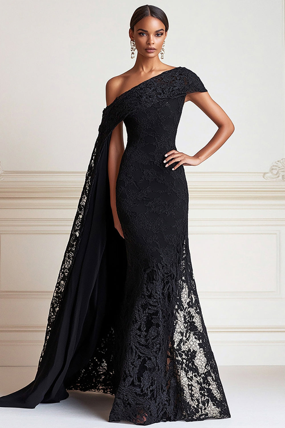 Black Mermaid One Shoulder Lace Long Mother of the Bride Dress with Side Shoulder Cape - Black