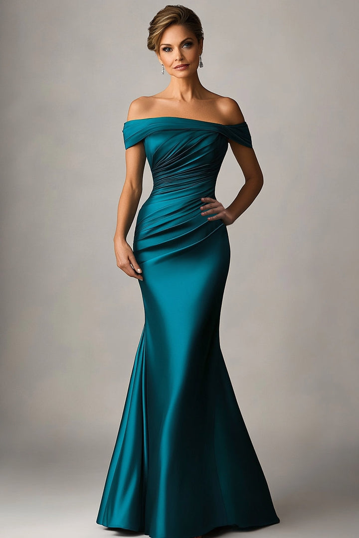 Peacock Blue Mermaid Off The Shoulder Ruched Satin Formal Dress - Peacock Blue