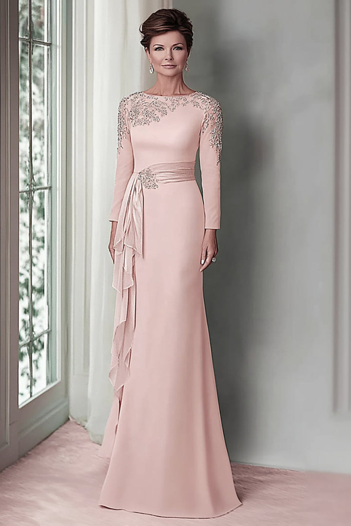 Blush Lace Sheath Mother Of The Bride Dress with Long Sleeves - Blush