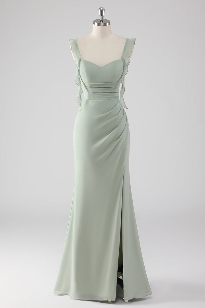 Sage Green Ruffled Sheath Lace-Up Back Long Bridesmaid Dress with Slit - Sage