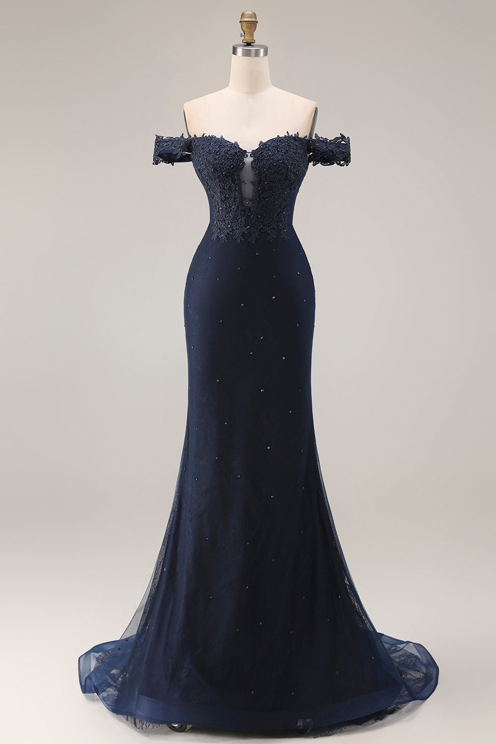 Sparkly Navy Off the Shoulder Mermaid Appliqued Long Prom Dress with Beading - Navy