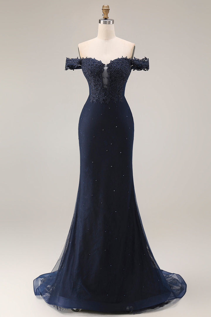 Sparkly Navy Off the Shoulder Mermaid Appliqued Long Prom Dress with Beading - Navy