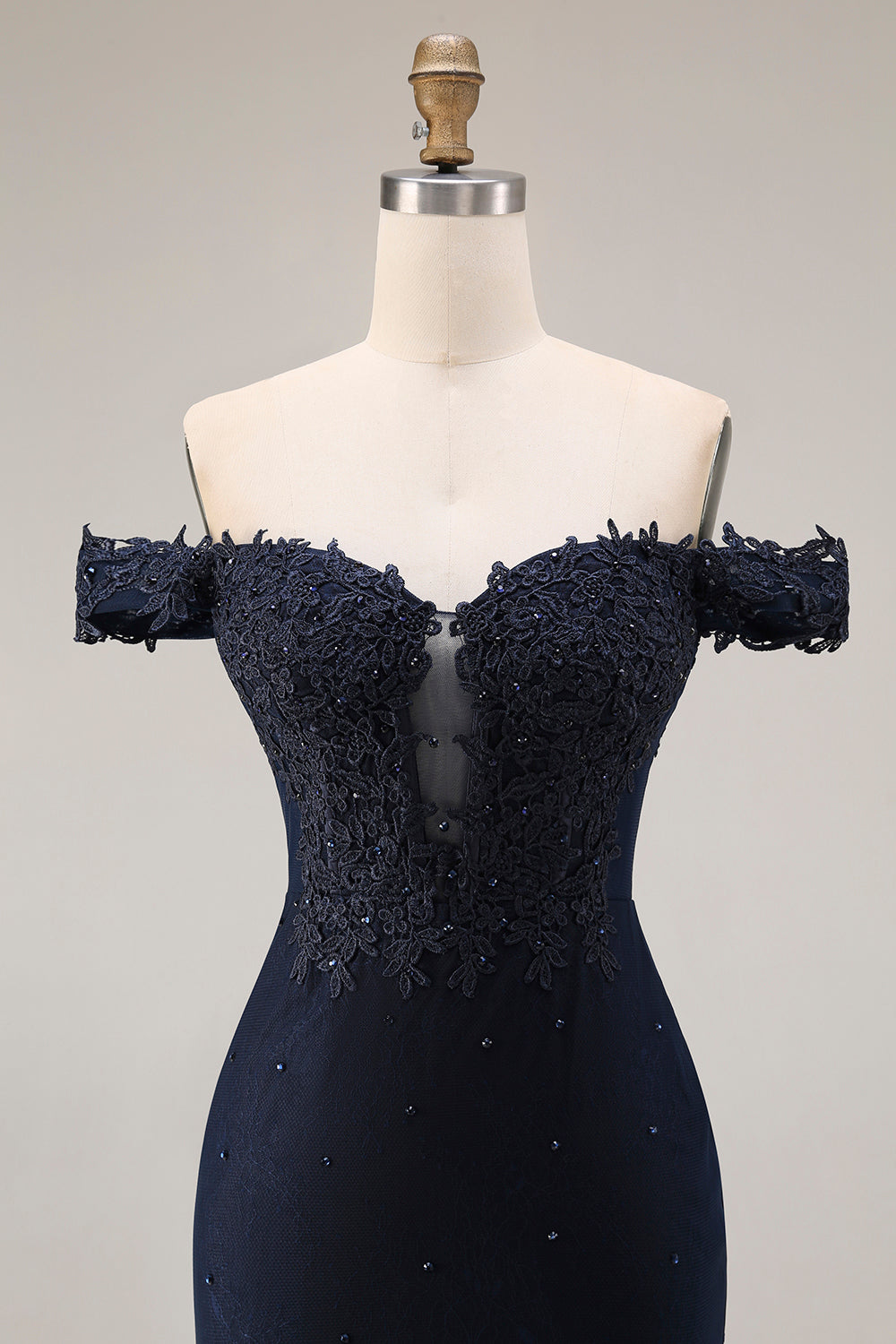 Sparkly Navy Off the Shoulder Mermaid Appliqued Long Prom Dress with Beading
