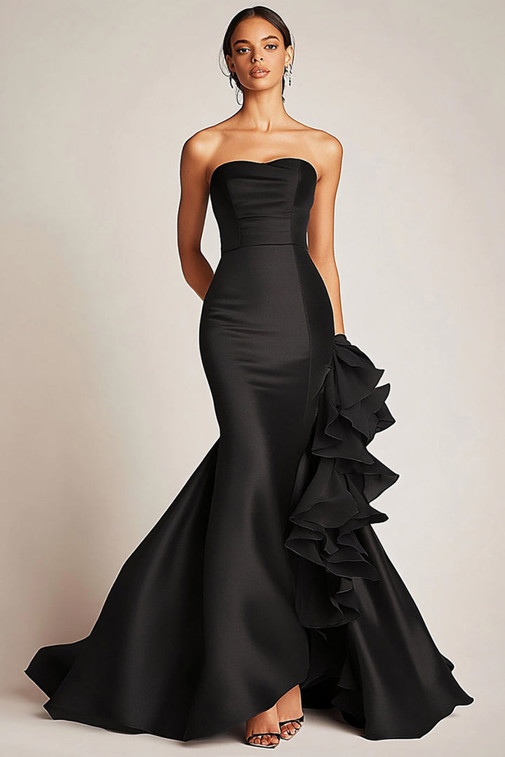 Strapless Black Mermaid Satin Formal Dress - Black
