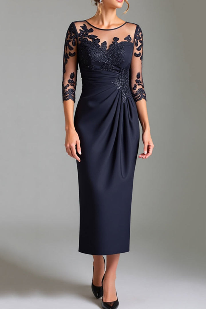 Sparkly Navy Sheath Satin Tea Length Mother of the Bride Dress with Appliques - Navy
