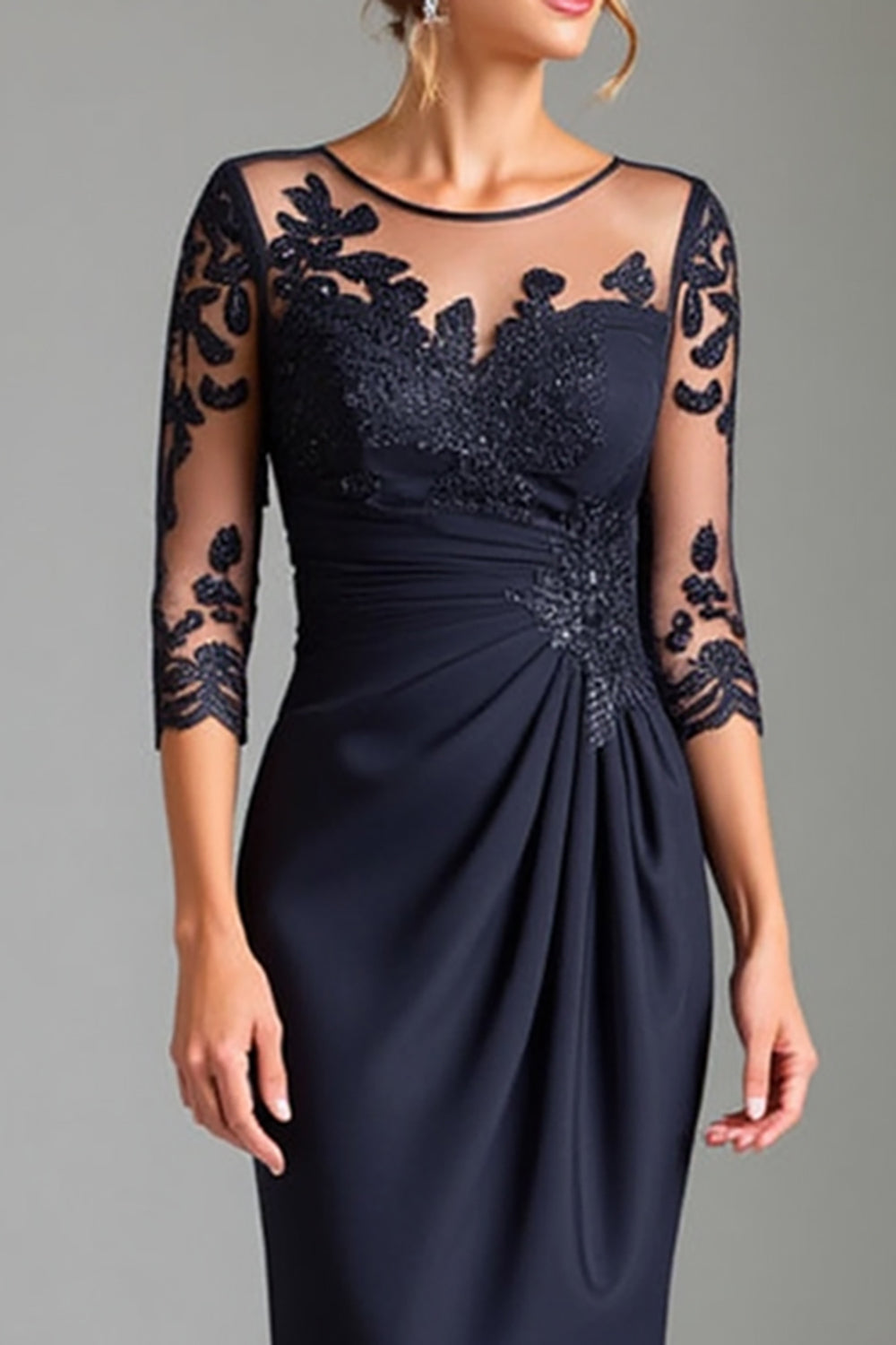 Sparkly Navy Sheath Satin Tea Length Mother of the Bride Dress with Appliques