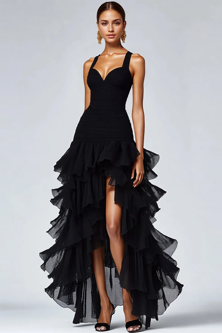 Ruffled Organza High-Low Black Formal Dress - Black