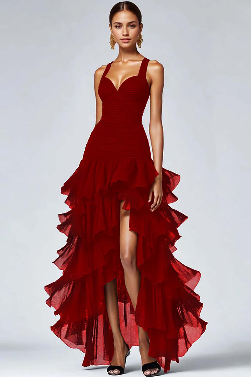 Ruffled Organza High-Low Black Formal Dress