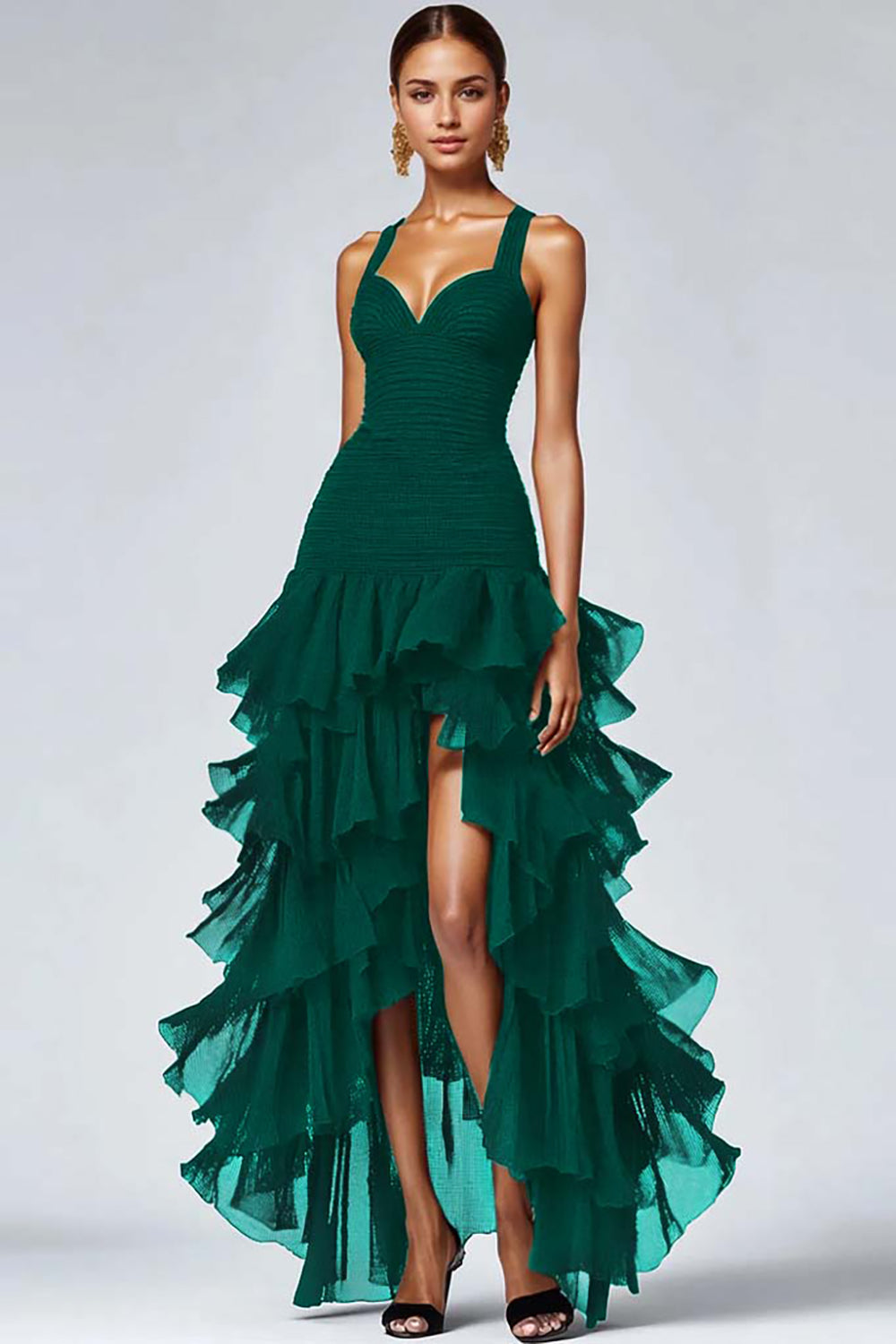 Ruffled Organza High-Low Black Formal Dress