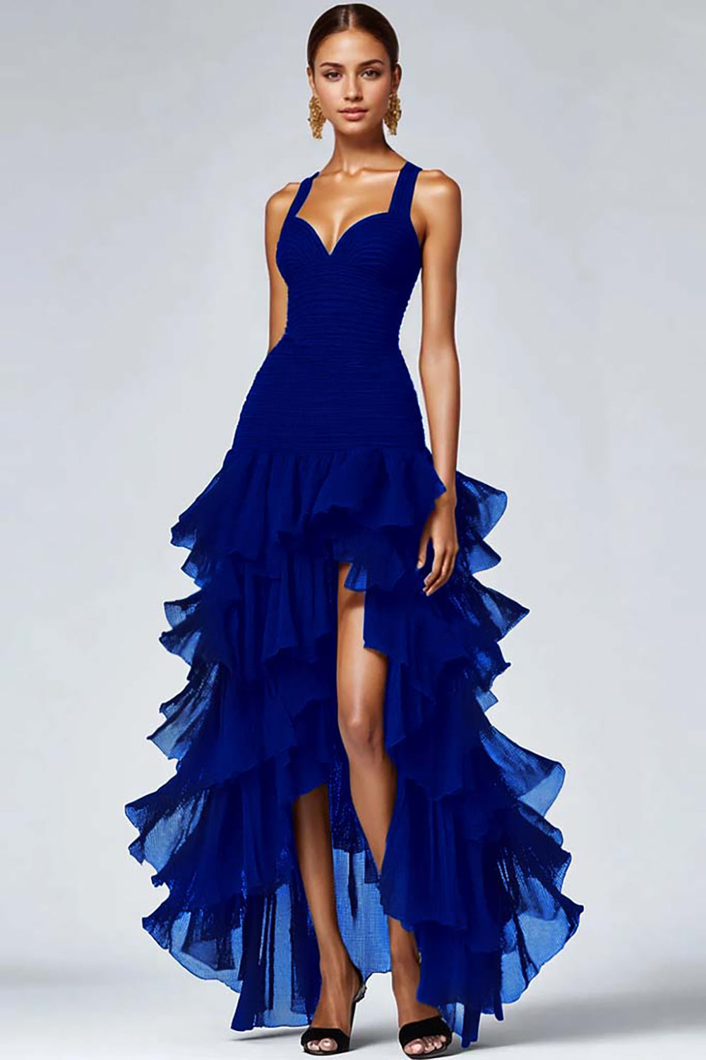 Ruffled Organza High-Low Black Formal Dress