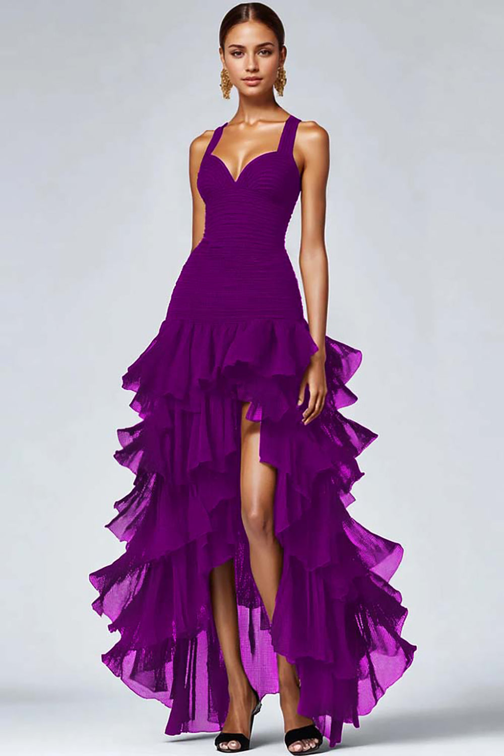 Ruffled Organza High-Low Black Formal Dress