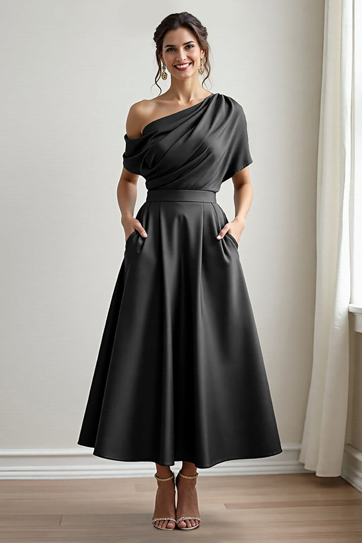 Black Satin A Line Mother Of The Bride Dress With Pockets - Black