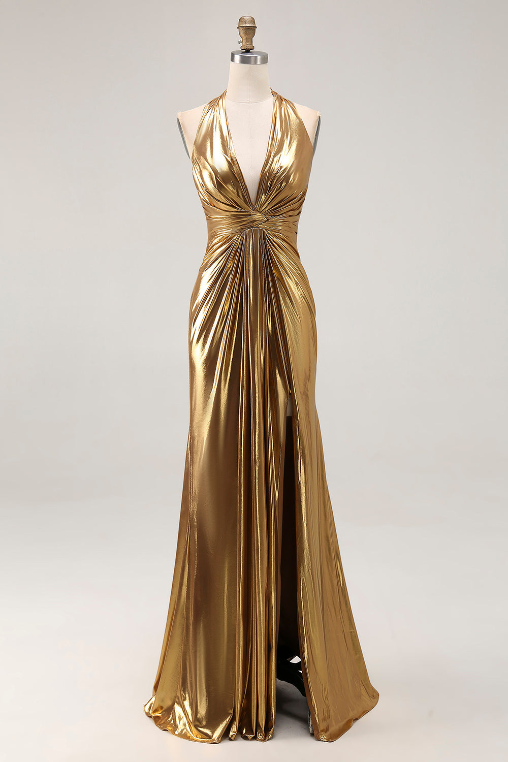 Gold Halter Metallic Ruched Long Formal Dress wth Slit - Gold