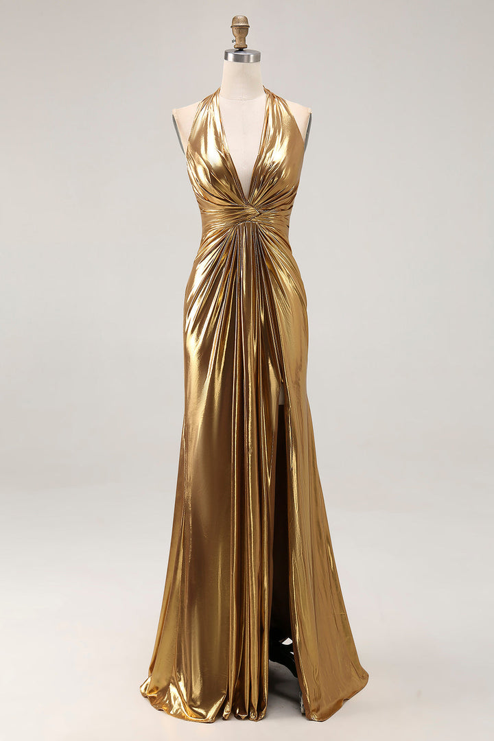 Gold Halter Metallic Ruched Long Formal Dress wth Slit - Gold