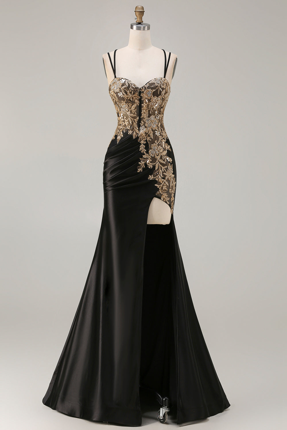 Black Mermaid Beaded Embroidered Satin Sequin Long Prom Dress with Slit - Black