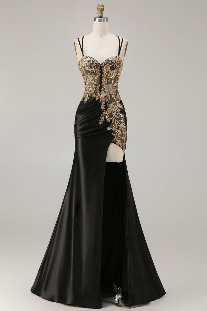 Black Mermaid Beaded Embroidered Satin Sequin Long Prom Dress with Slit - Black