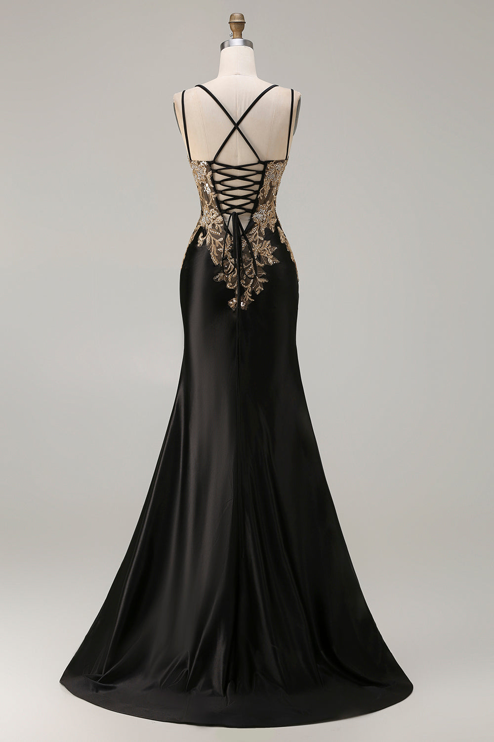 Black Mermaid Beaded Embroidered Satin Sequin Long Prom Dress with Slit