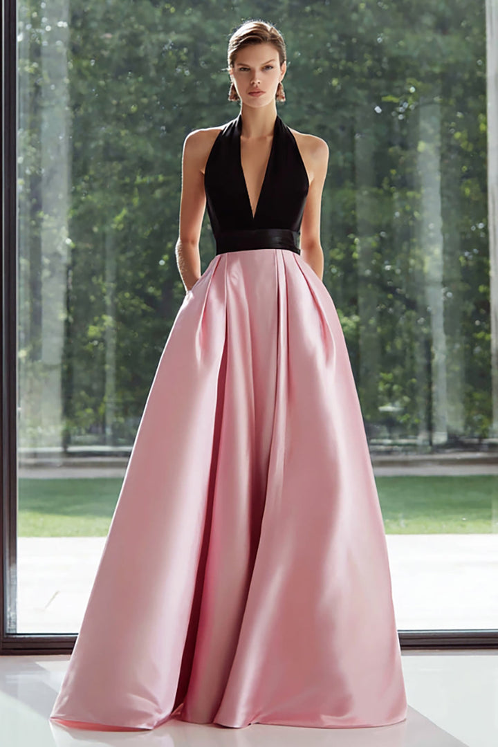 Black and Pink Satin Halter A Line Long Formal Dress with Pockets - Black&Pink