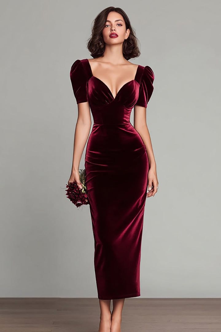 Sheath Burgundy V-Neck Velvet Midi Formal Dress - Burgundy