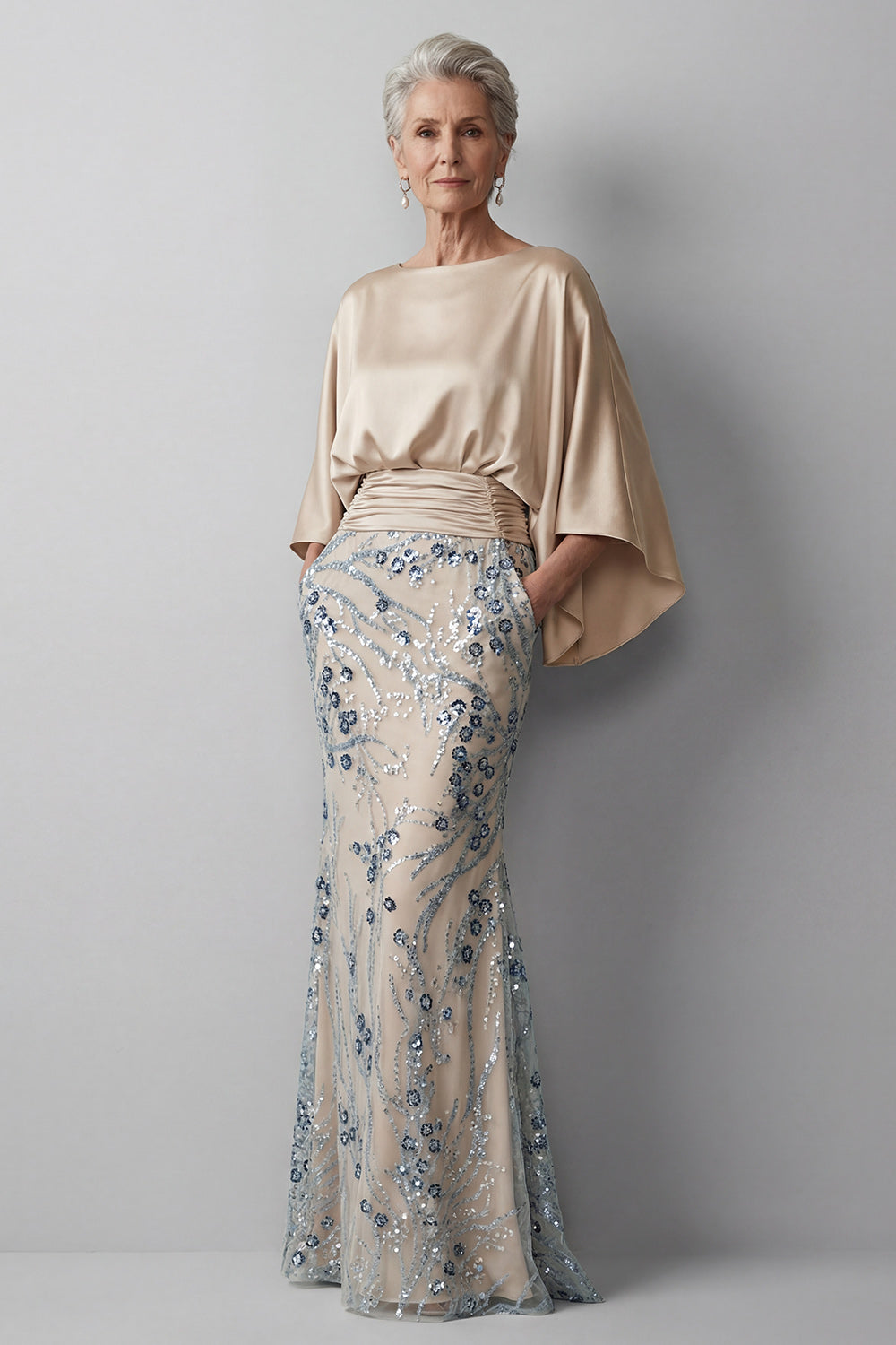 Champagne Sequin Long Sleeve Mermaid Mother Of Bride Dress - Champagne