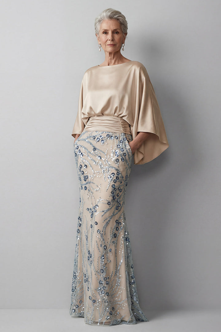 Champagne Sequin Long Sleeve Mermaid Mother Of Bride Dress - Champagne