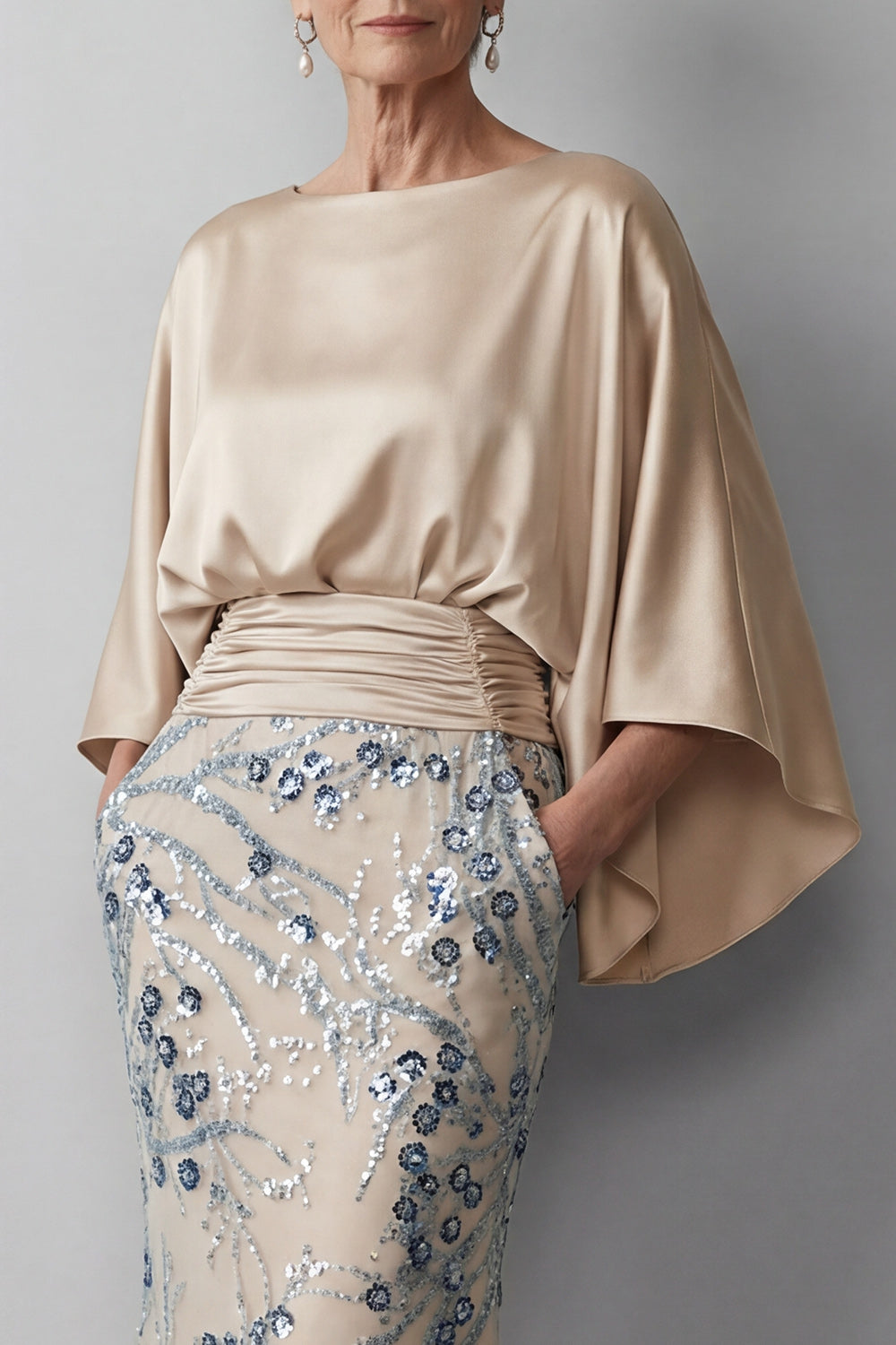 Champagne Sequin Long Sleeve Mermaid Mother Of Bride Dress