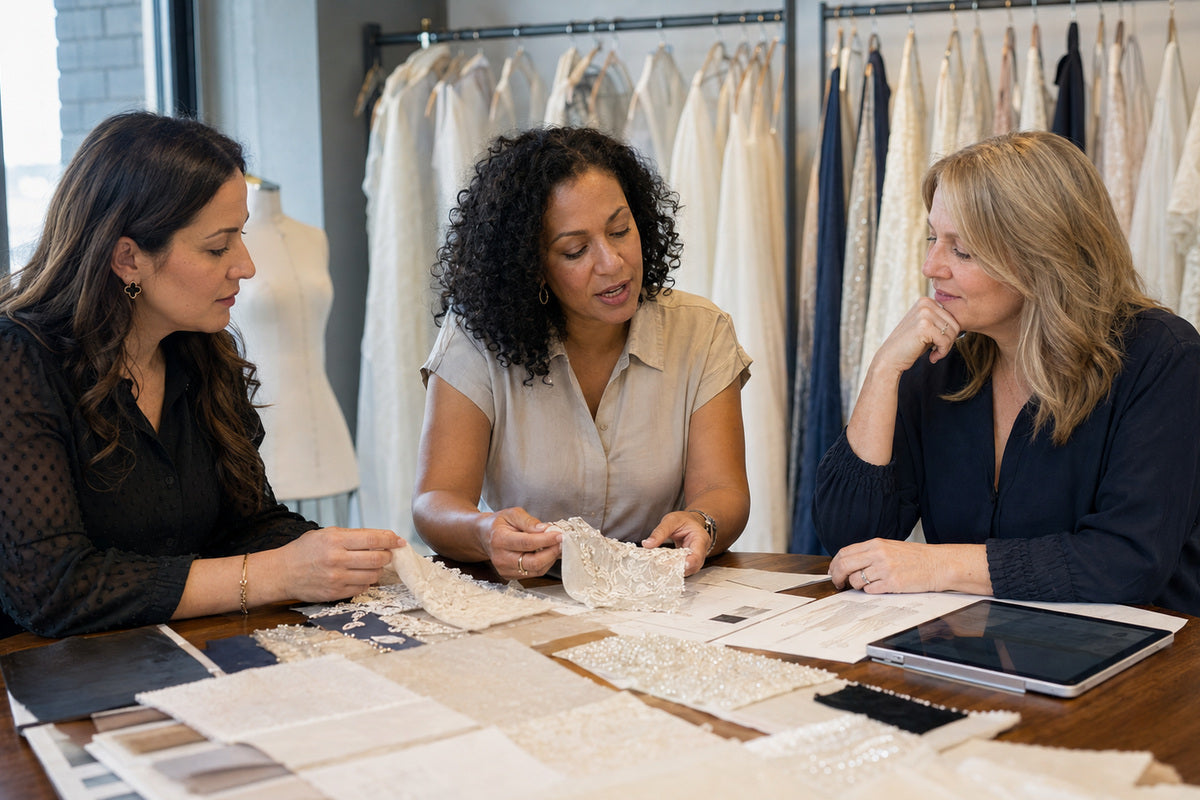 Bridal and formalwear boutique owner with wedding dress collection